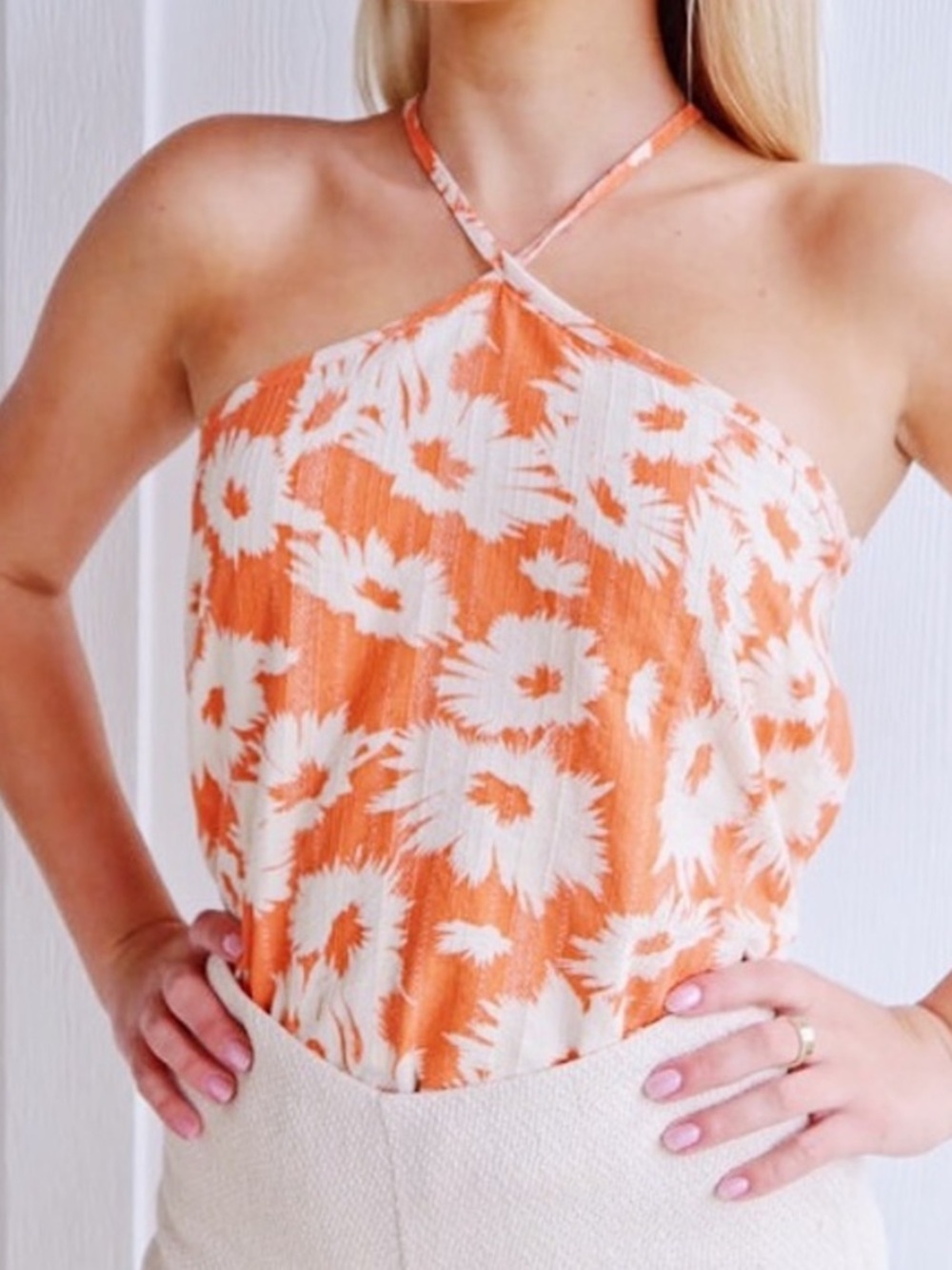 NWT Olivaceous Orange & White Halter Floral Crop Top